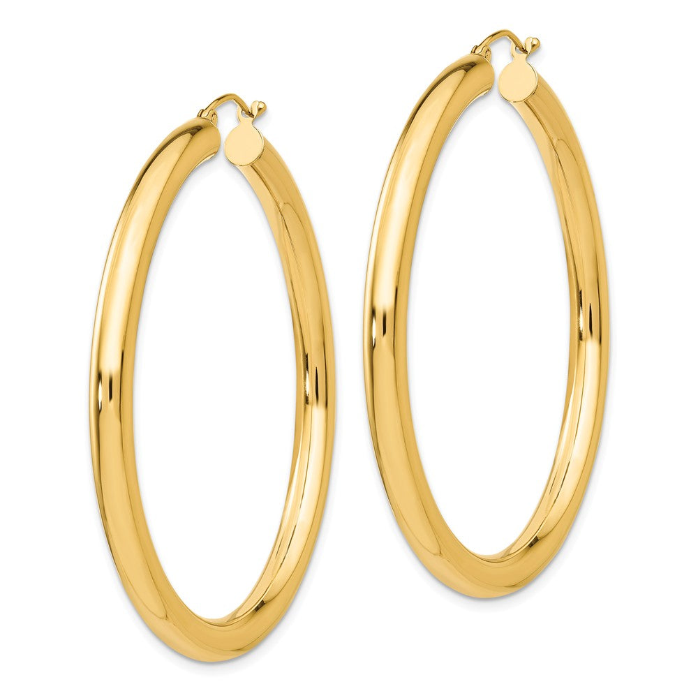 Alternate view of the 4mm x 50mm 14k Yellow Gold Classic Round Hoop Earrings by The Black Bow Jewelry Co.