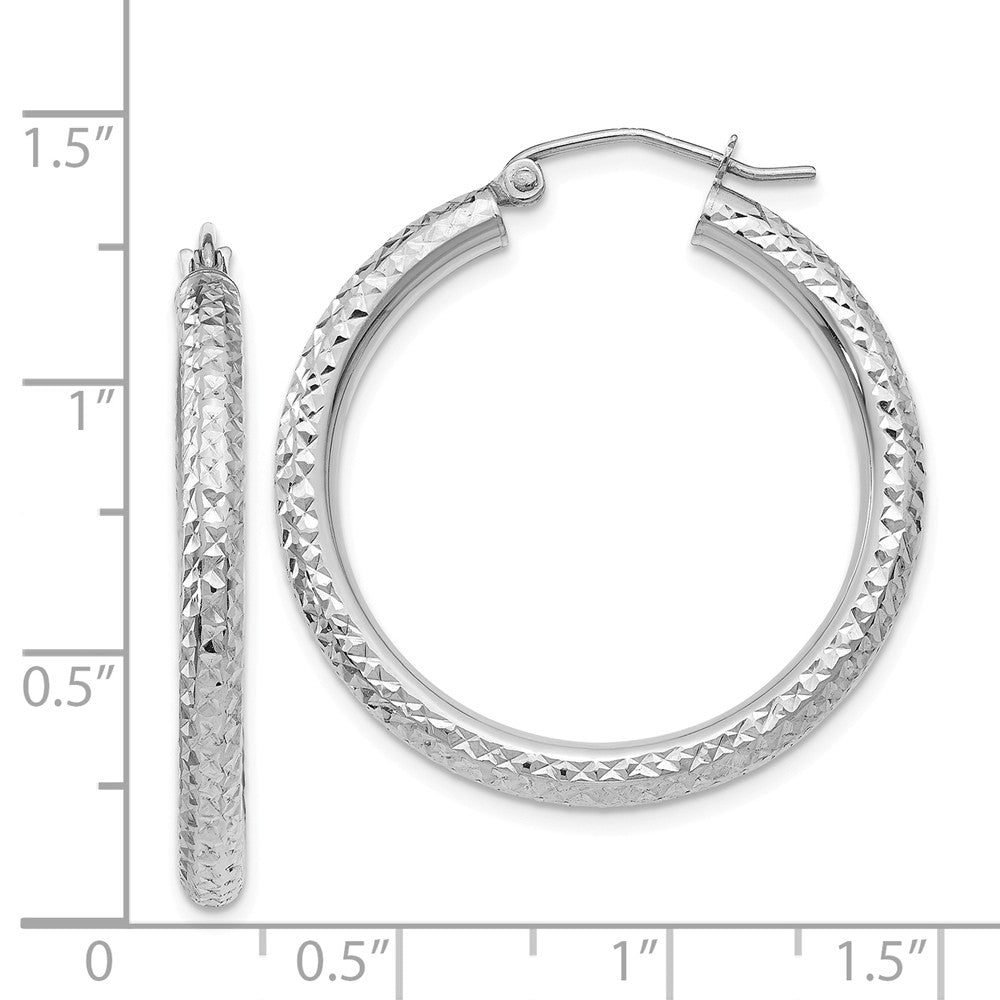Alternate view of the 3mm x 30mm, 14k White Gold, Diamond-cut Round Hoop Earrings by The Black Bow Jewelry Co.