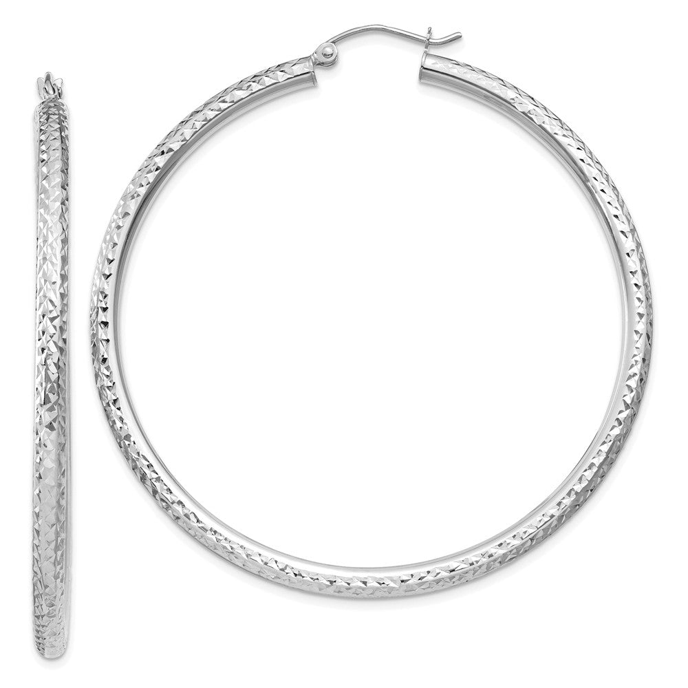 3mm x 55mm, 14k White Gold, Diamond-cut Round Hoop Earrings, Item E13337 by The Black Bow Jewelry Co.