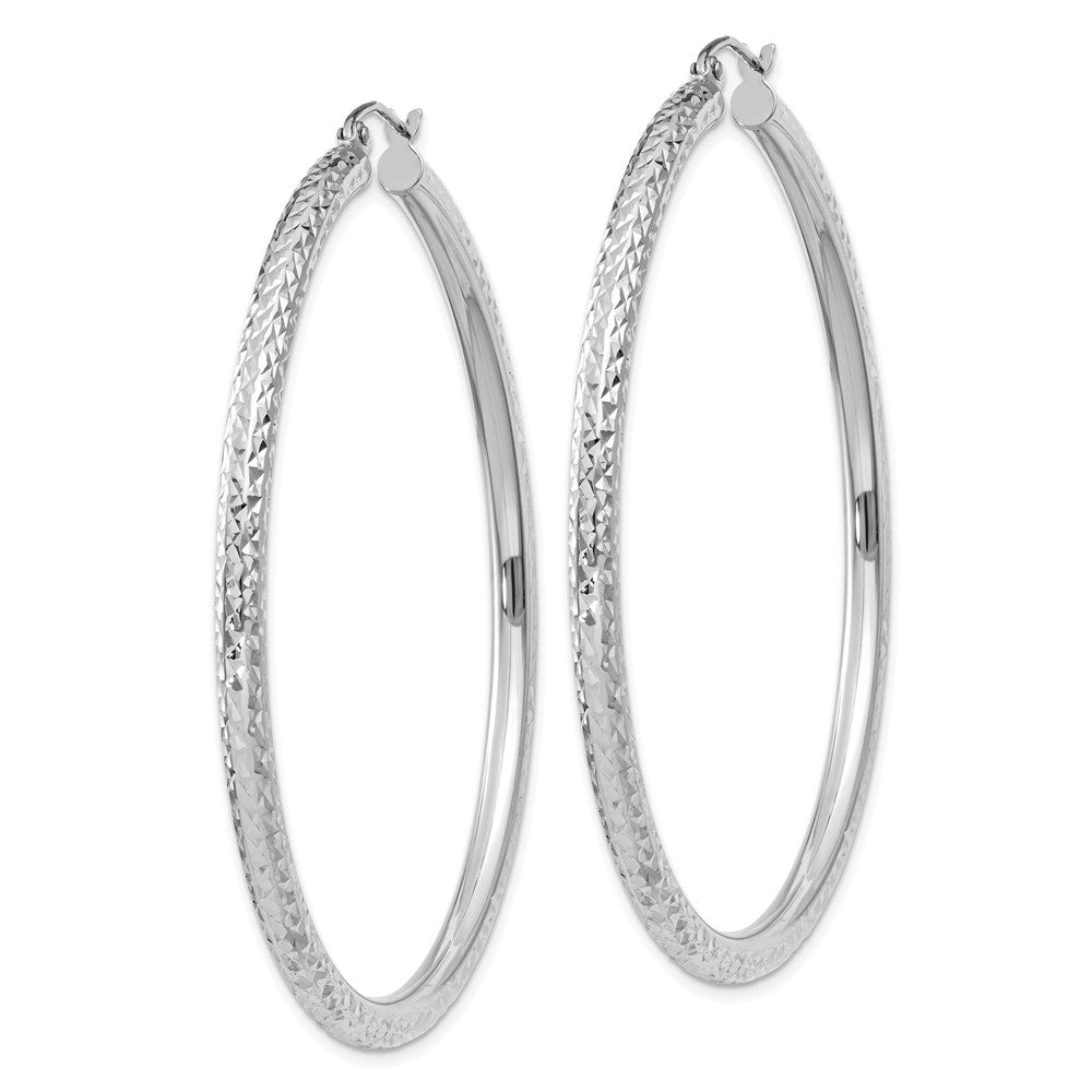 Alternate view of the 3mm x 55mm, 14k White Gold, Diamond-cut Round Hoop Earrings by The Black Bow Jewelry Co.