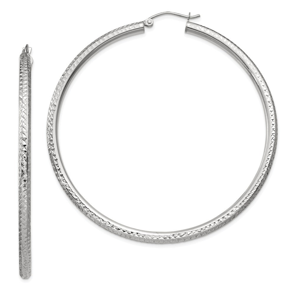 3mm x 60mm, 14k White Gold, Diamond-cut Round Hoop Earrings, Item E13338 by The Black Bow Jewelry Co.