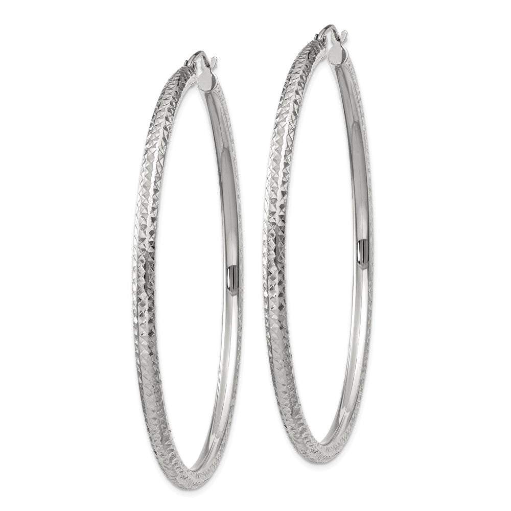 Alternate view of the 3mm x 60mm, 14k White Gold, Diamond-cut Round Hoop Earrings by The Black Bow Jewelry Co.