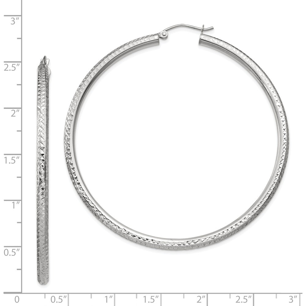 Alternate view of the 3mm x 60mm, 14k White Gold, Diamond-cut Round Hoop Earrings by The Black Bow Jewelry Co.