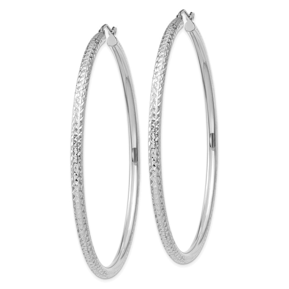 Alternate view of the 3mm x 65mm, 14k White Gold, Diamond-cut Round Hoop Earrings by The Black Bow Jewelry Co.