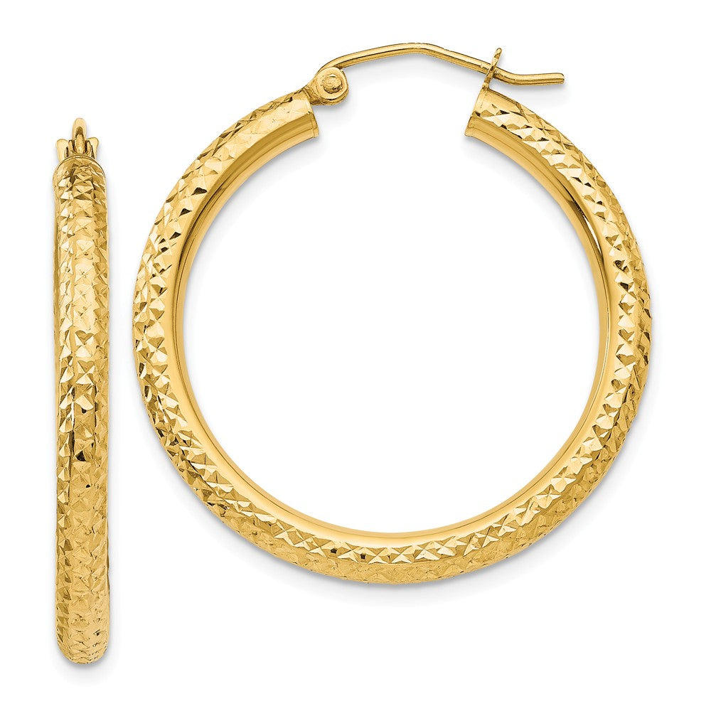 3mm x 30mm, 14k Yellow Gold, Diamond-cut Round Hoop Earrings, Item E13341 by The Black Bow Jewelry Co.