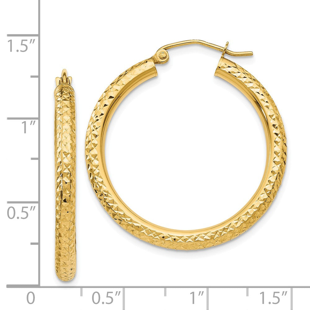 Alternate view of the 3mm x 30mm, 14k Yellow Gold, Diamond-cut Round Hoop Earrings by The Black Bow Jewelry Co.