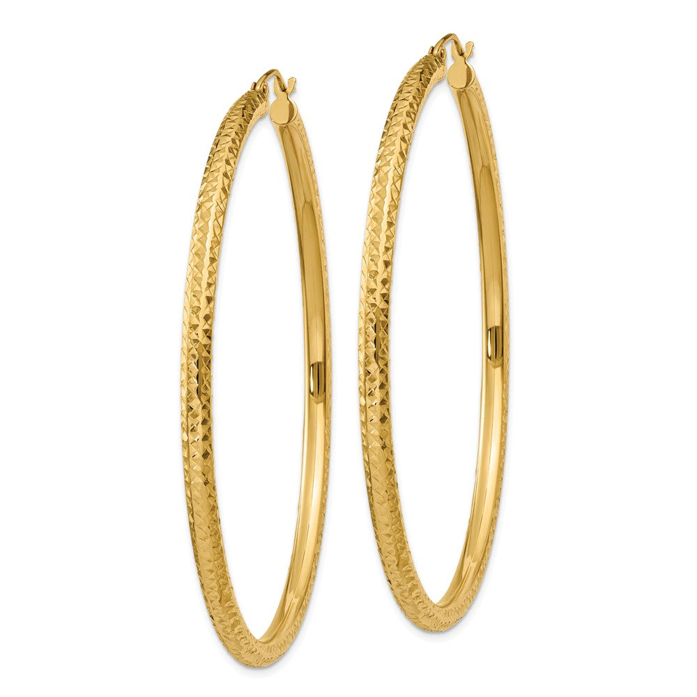 Alternate view of the 3mm x 60mm, 14k Yellow Gold, Diamond-cut Round Hoop Earrings by The Black Bow Jewelry Co.