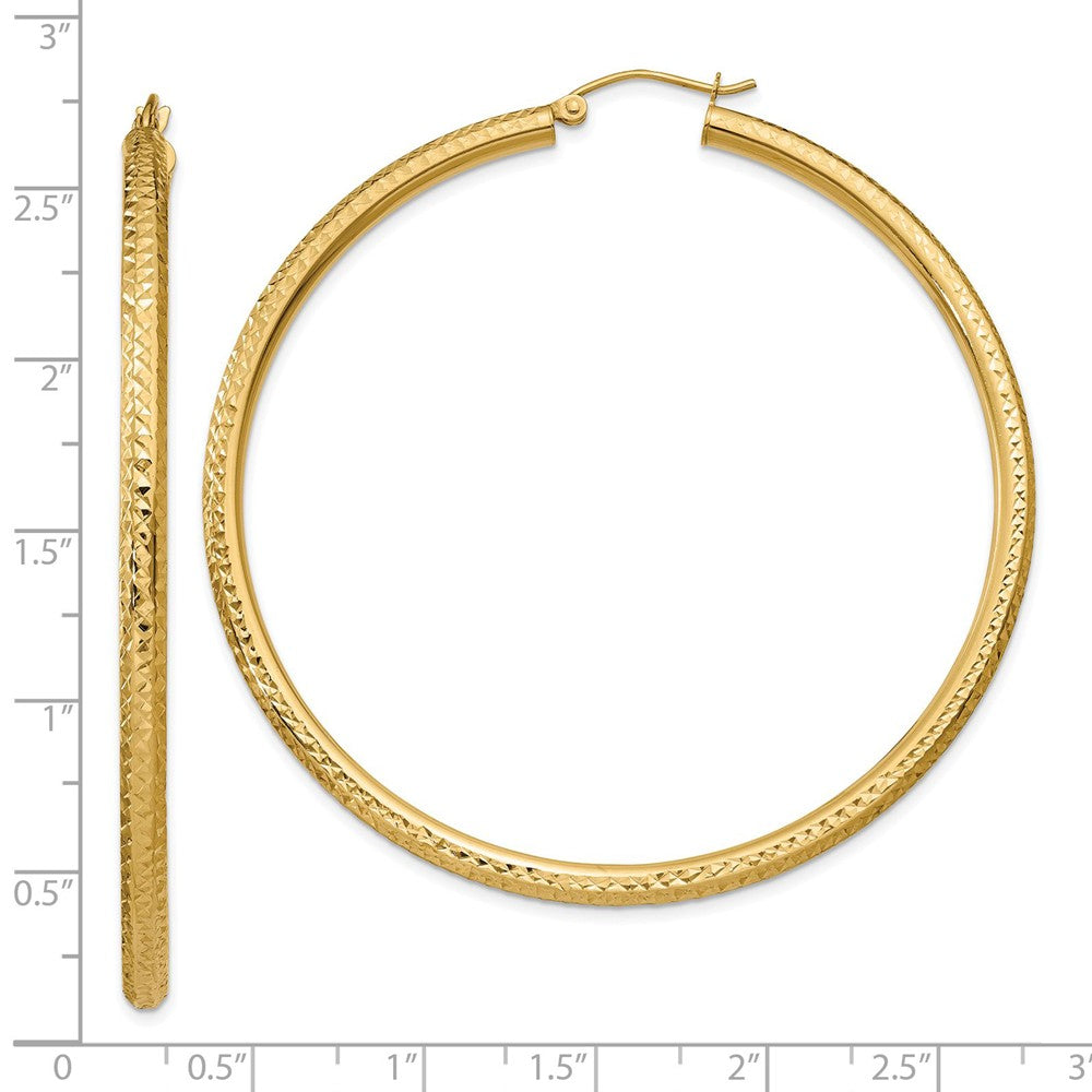 Alternate view of the 3mm x 60mm, 14k Yellow Gold, Diamond-cut Round Hoop Earrings by The Black Bow Jewelry Co.