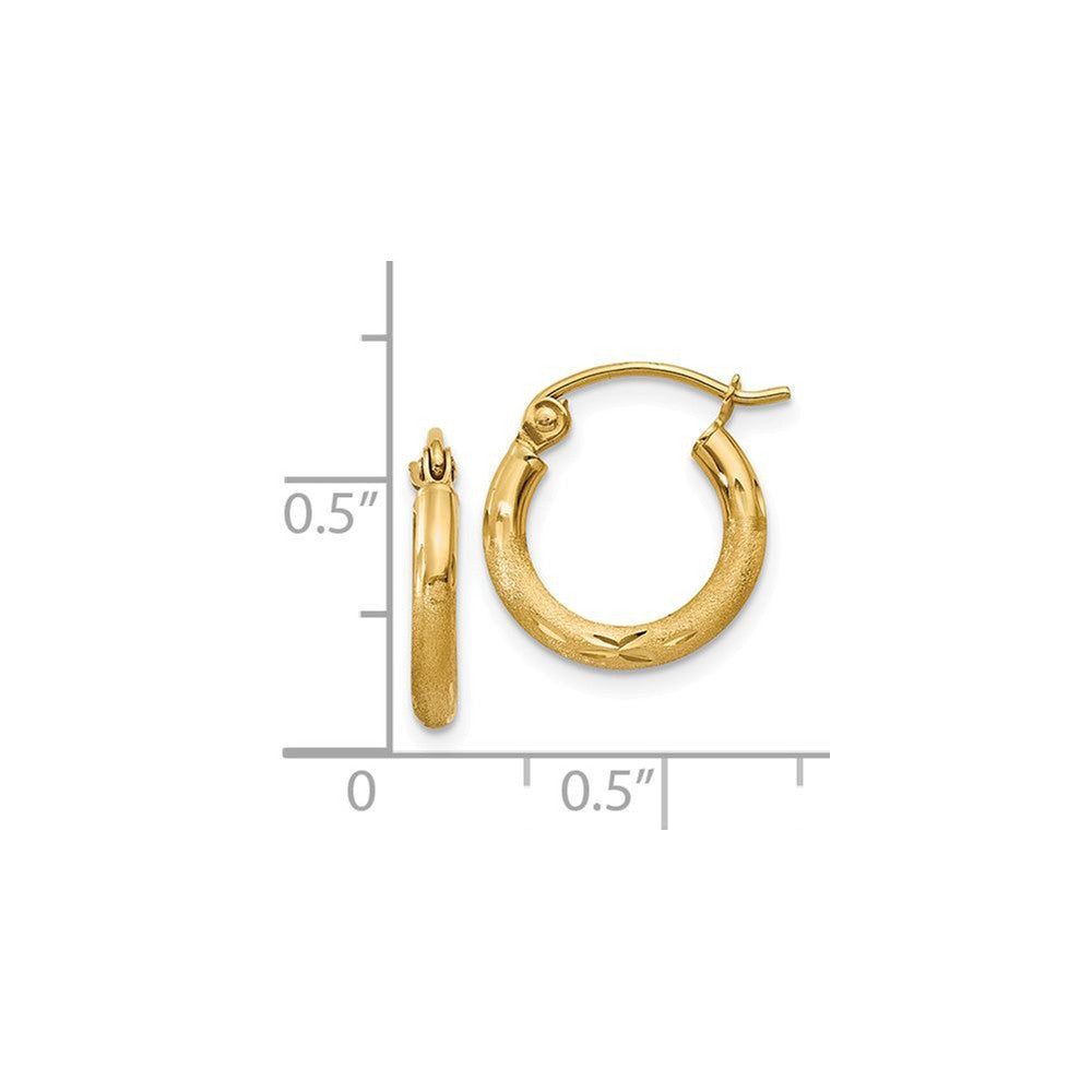 Alternate view of the 2mm x 13mm 14k Yellow Gold Satin &amp; Diamond-Cut Round Hoop Earrings by The Black Bow Jewelry Co.