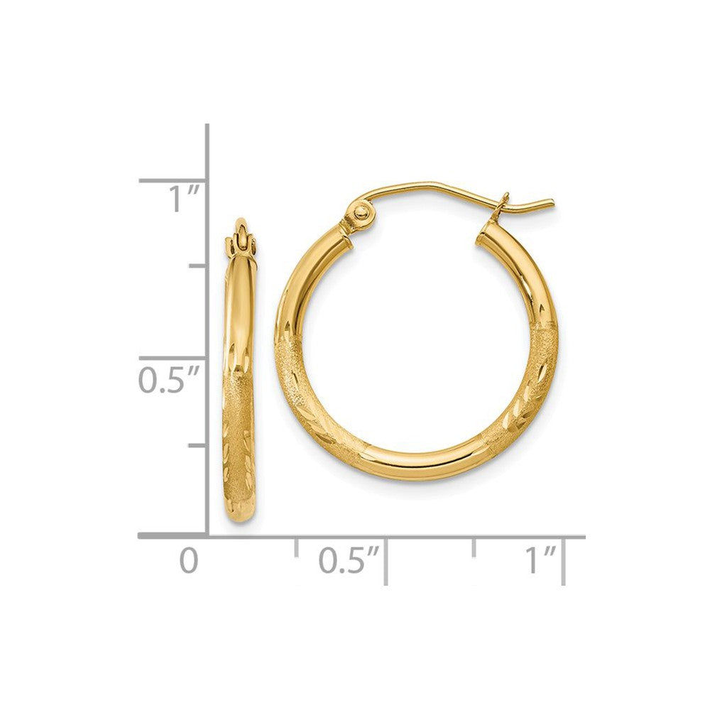 Alternate view of the 2mm x 20mm 14k Yellow Gold Satin &amp; Diamond-Cut Round Hoop Earrings by The Black Bow Jewelry Co.