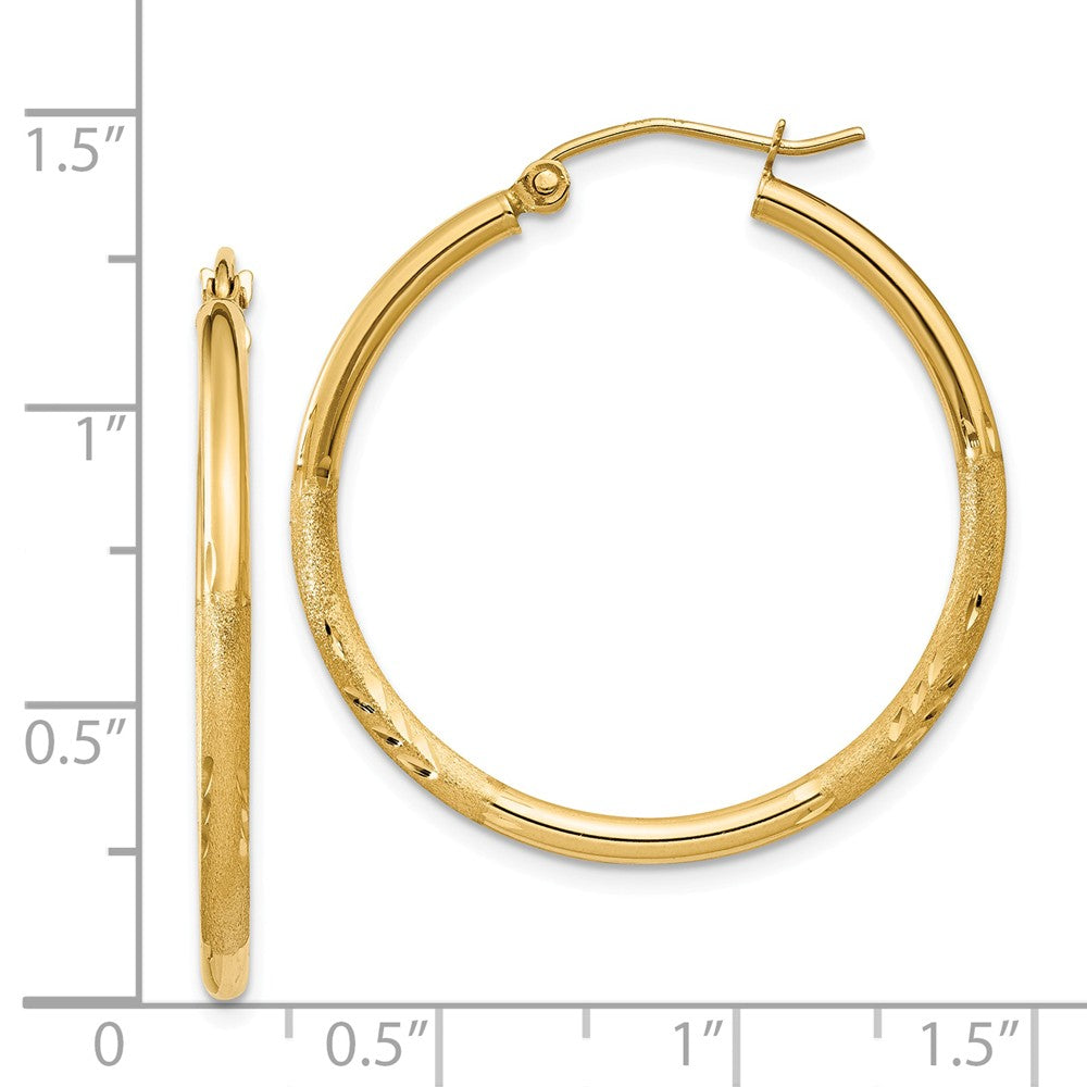 Alternate view of the 2mm x 30mm 14k Yellow Gold Satin &amp; Diamond-Cut Round Hoop Earrings by The Black Bow Jewelry Co.