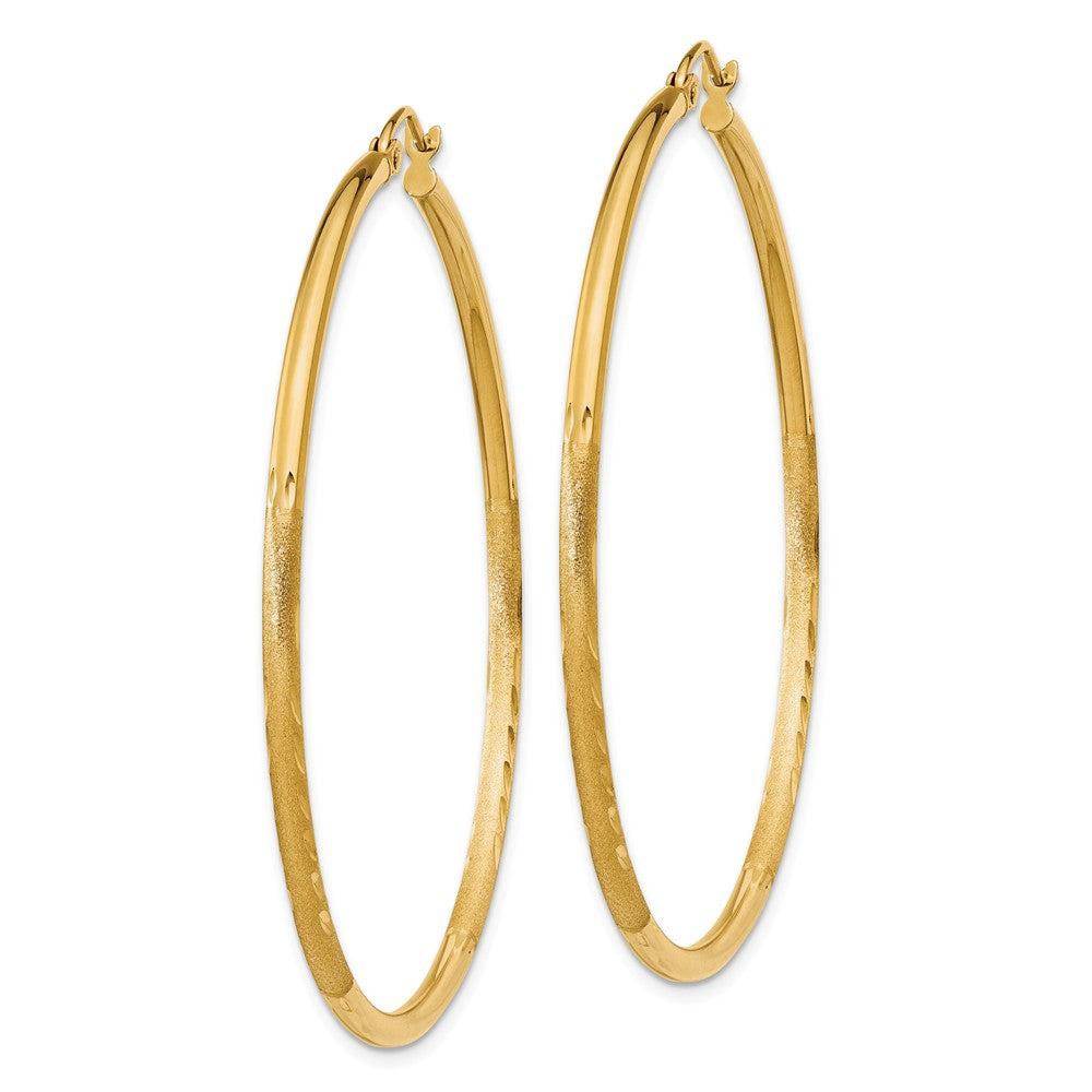 Alternate view of the 2mm x 50mm 14k Yellow Gold Satin &amp; Diamond-Cut Round Hoop Earrings by The Black Bow Jewelry Co.