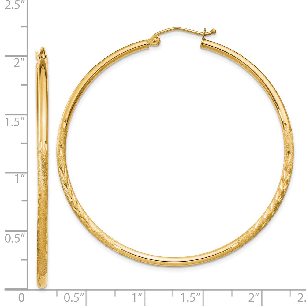 Alternate view of the 2mm x 50mm 14k Yellow Gold Satin &amp; Diamond-Cut Round Hoop Earrings by The Black Bow Jewelry Co.