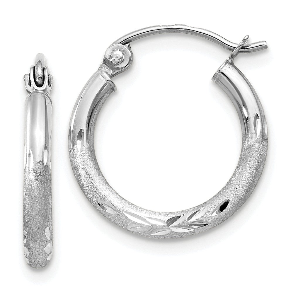 2mm x 15mm 14k White Gold Satin &amp; Diamond-Cut Round Hoop Earrings, Item E13358 by The Black Bow Jewelry Co.