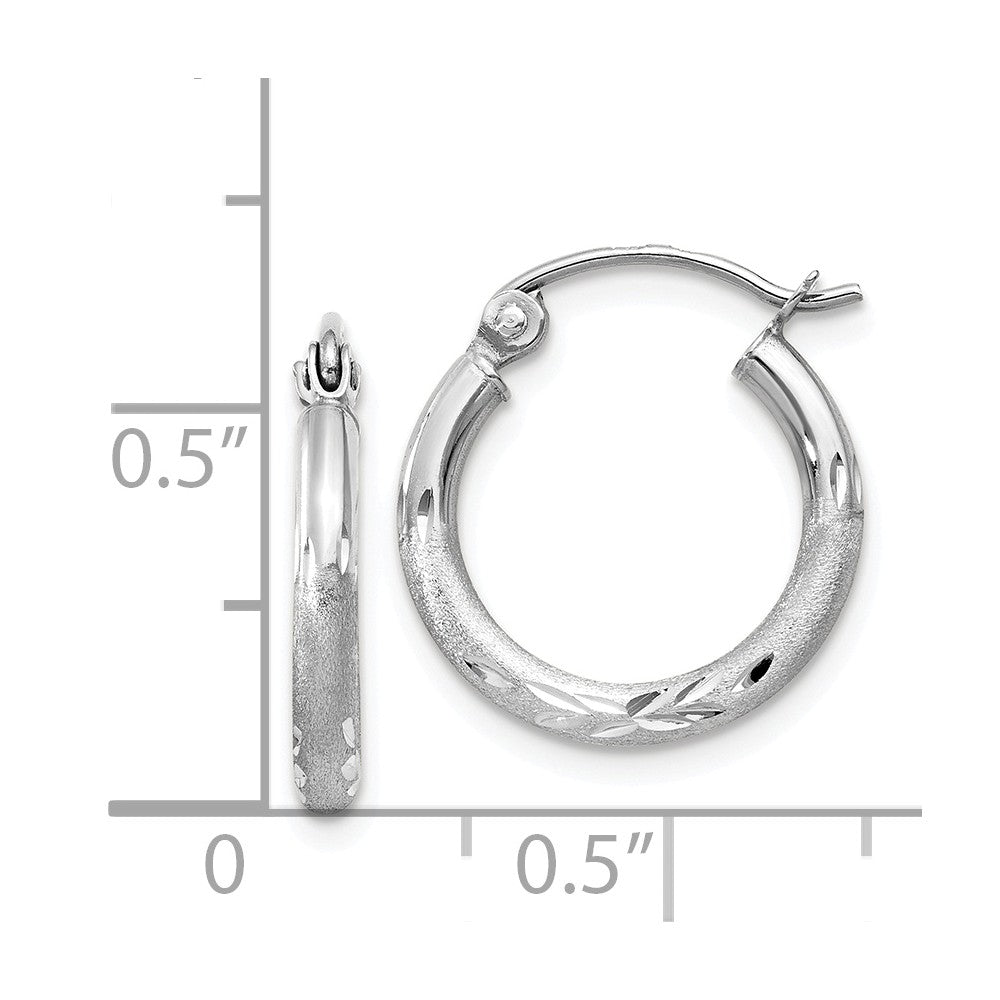 Alternate view of the 2mm x 15mm 14k White Gold Satin &amp; Diamond-Cut Round Hoop Earrings by The Black Bow Jewelry Co.