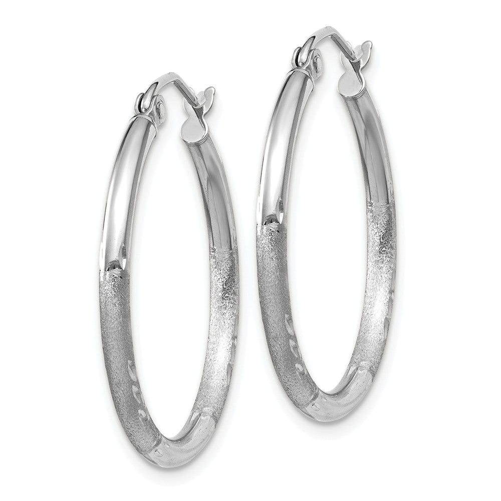Alternate view of the 2mm x 25mm 14k White Gold Satin &amp; Diamond-Cut Round Hoop Earrings by The Black Bow Jewelry Co.