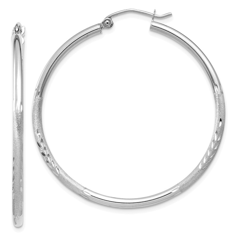 2mm x 40mm 14k White Gold Satin &amp; Diamond-Cut Round Hoop Earrings, Item E13363 by The Black Bow Jewelry Co.