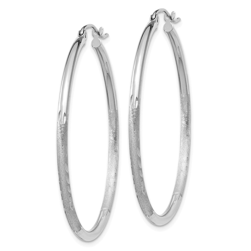 Alternate view of the 2mm x 40mm 14k White Gold Satin &amp; Diamond-Cut Round Hoop Earrings by The Black Bow Jewelry Co.