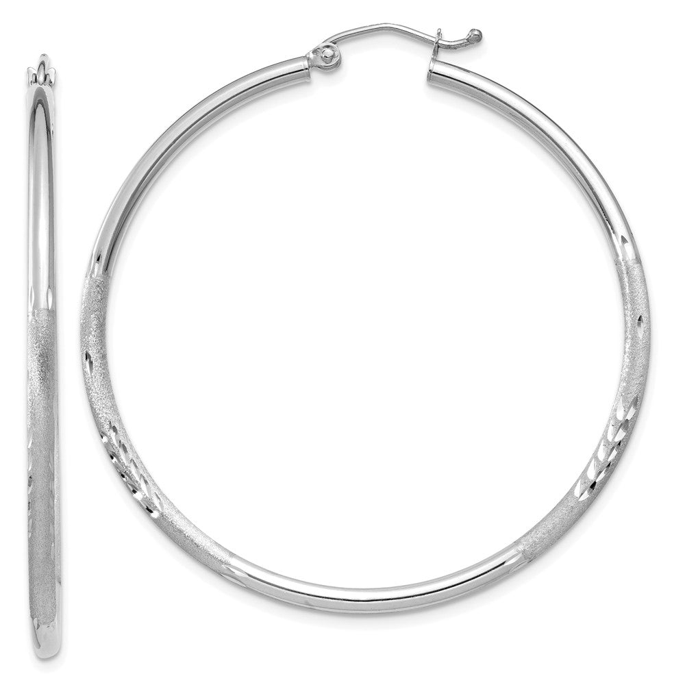 2mm x 45mm 14k White Gold Satin &amp; Diamond-Cut Round Hoop Earrings, Item E13364 by The Black Bow Jewelry Co.