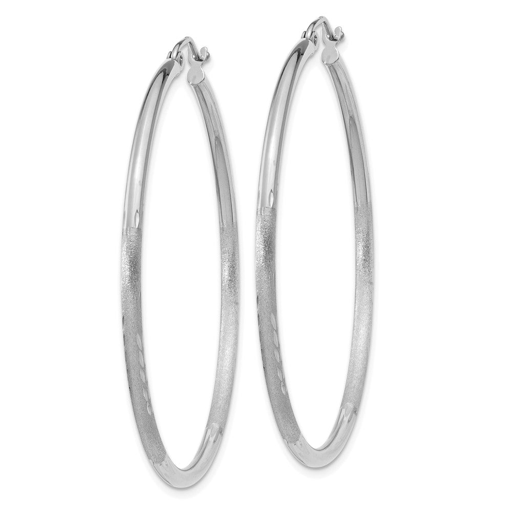 Alternate view of the 2mm x 45mm 14k White Gold Satin &amp; Diamond-Cut Round Hoop Earrings by The Black Bow Jewelry Co.