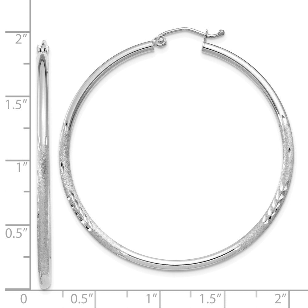 Alternate view of the 2mm x 45mm 14k White Gold Satin &amp; Diamond-Cut Round Hoop Earrings by The Black Bow Jewelry Co.