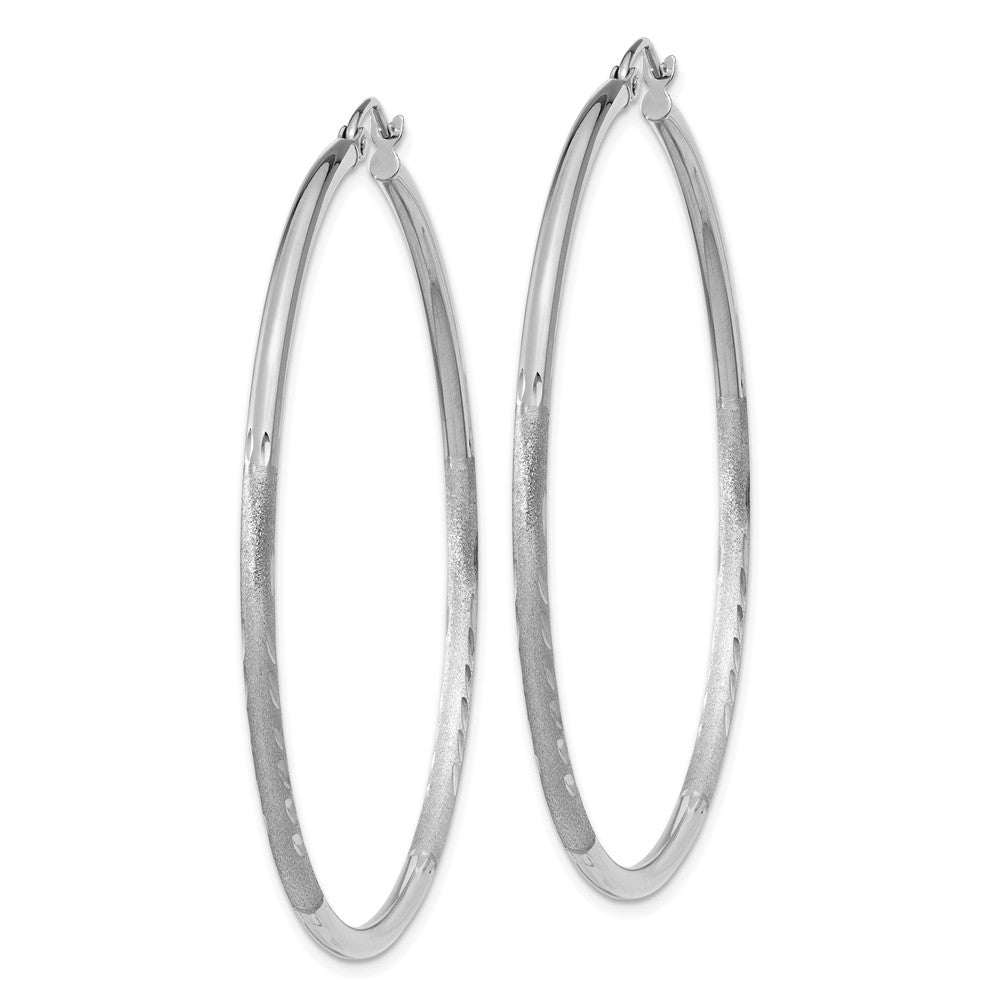 Alternate view of the 2mm x 50mm 14k White Gold Satin &amp; Diamond-Cut Round Hoop Earrings by The Black Bow Jewelry Co.