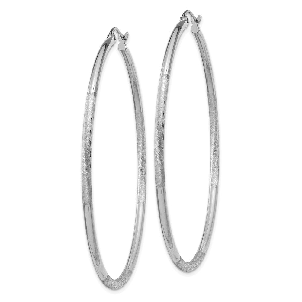 Alternate view of the 2mm x 55mm 14k White Gold Satin &amp; Diamond-Cut Round Hoop Earrings by The Black Bow Jewelry Co.