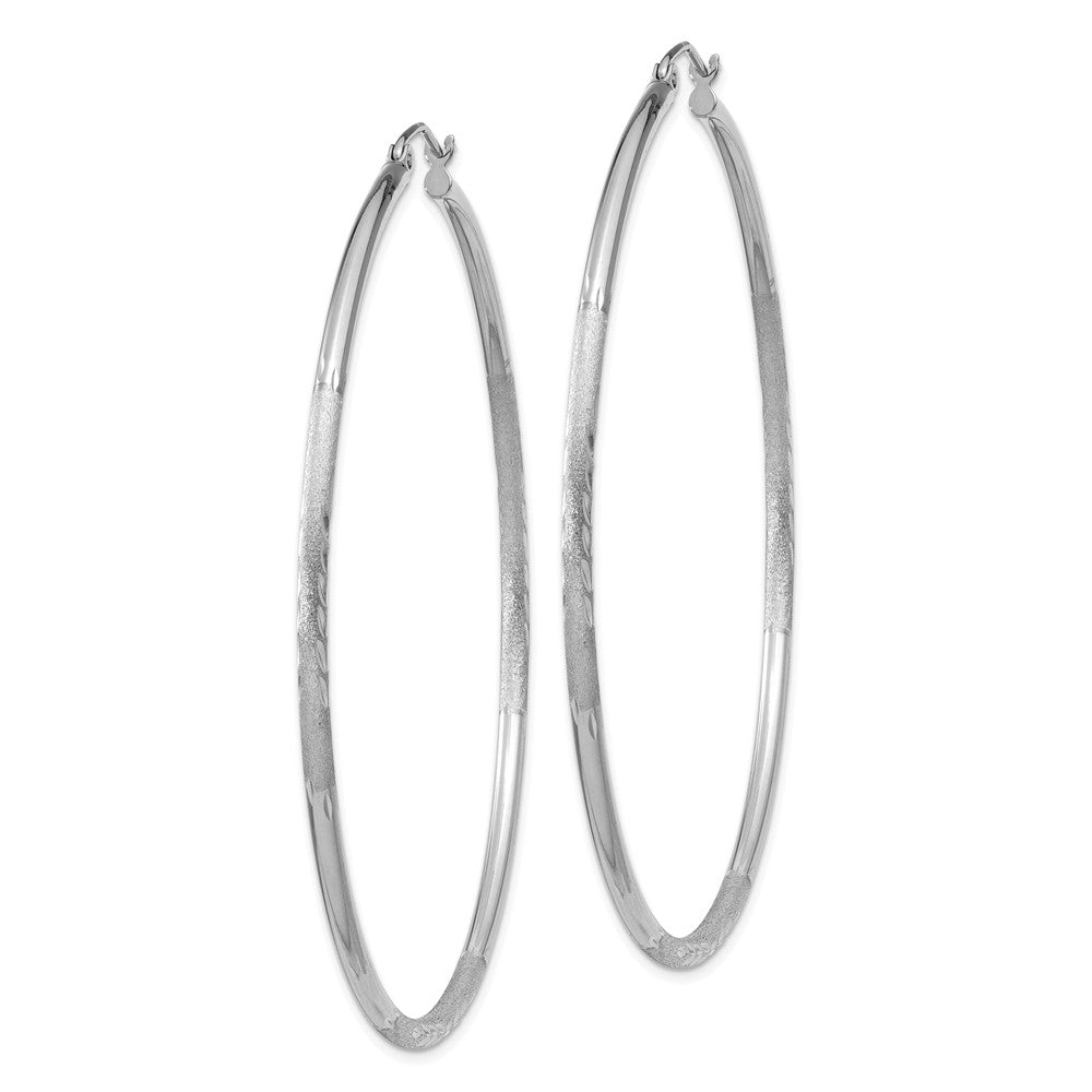 Alternate view of the 2mm x 60mm 14k White Gold Satin &amp; Diamond-Cut Round Hoop Earrings by The Black Bow Jewelry Co.