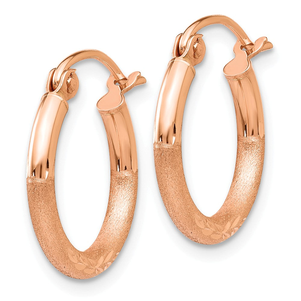 Alternate view of the 2mm x 15mm 14k Rose Gold Satin &amp; Diamond-Cut Round Hoop Earrings by The Black Bow Jewelry Co.