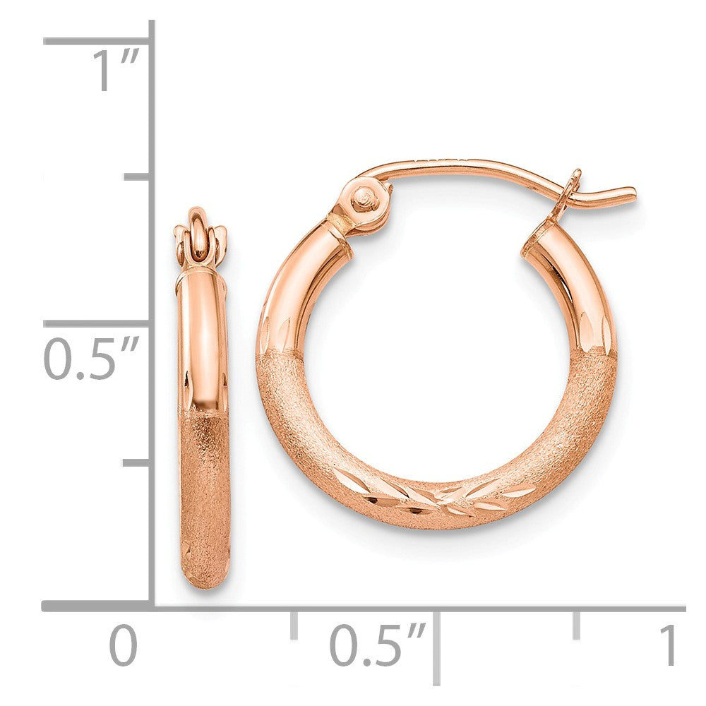 Alternate view of the 2mm x 15mm 14k Rose Gold Satin &amp; Diamond-Cut Round Hoop Earrings by The Black Bow Jewelry Co.