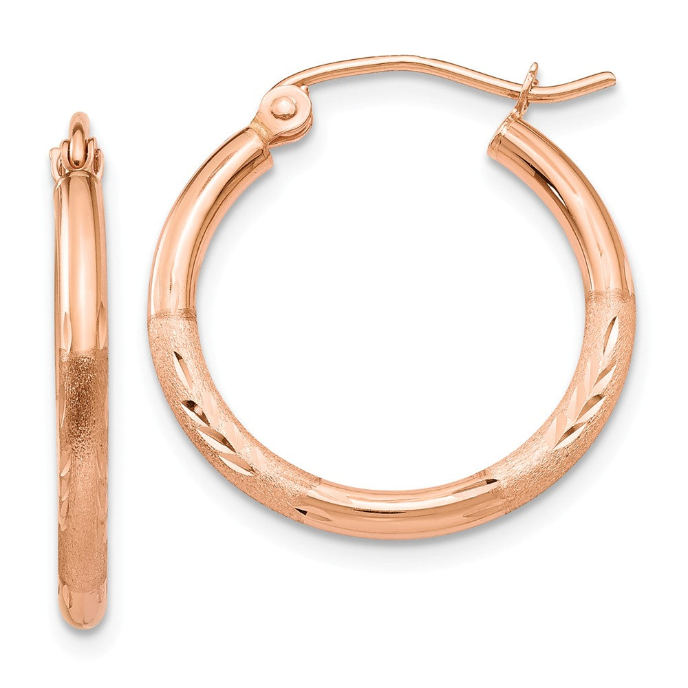 2mm x 20mm 14k Rose Gold Satin &amp; Diamond-Cut Round Hoop Earrings, Item E13373 by The Black Bow Jewelry Co.