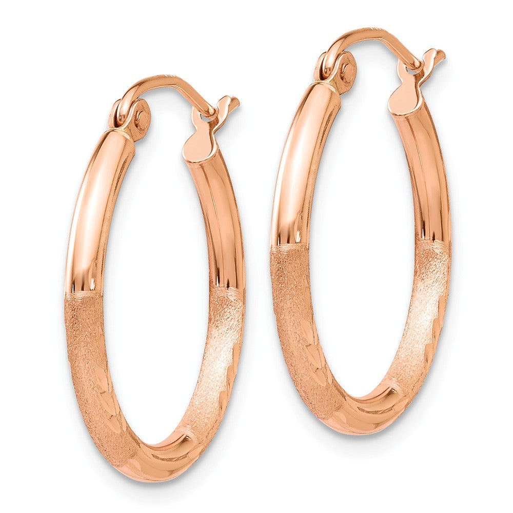 Alternate view of the 2mm x 20mm 14k Rose Gold Satin &amp; Diamond-Cut Round Hoop Earrings by The Black Bow Jewelry Co.