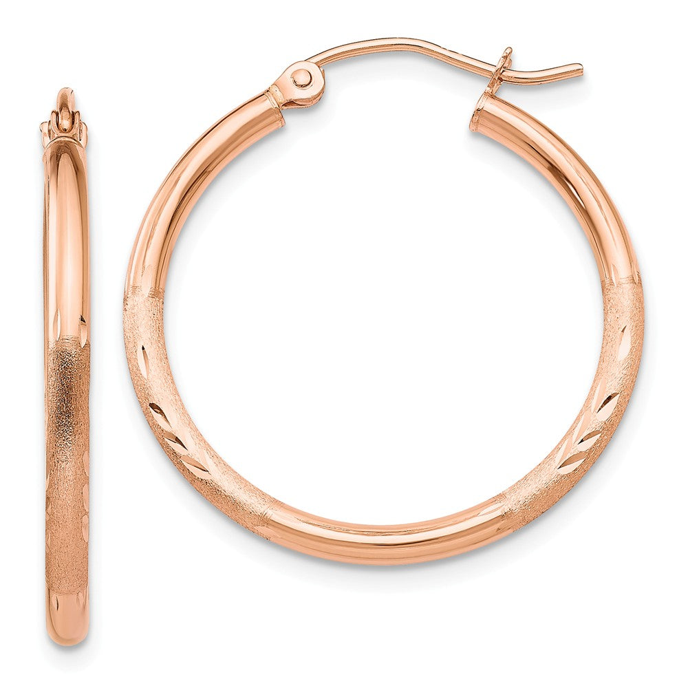 2mm x 25mm 14k Rose Gold Satin &amp; Diamond-Cut Round Hoop Earrings, Item E13374 by The Black Bow Jewelry Co.