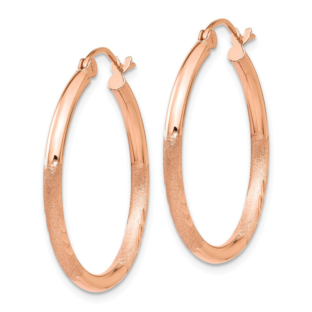 Alternate view of the 2mm x 25mm 14k Rose Gold Satin &amp; Diamond-Cut Round Hoop Earrings by The Black Bow Jewelry Co.