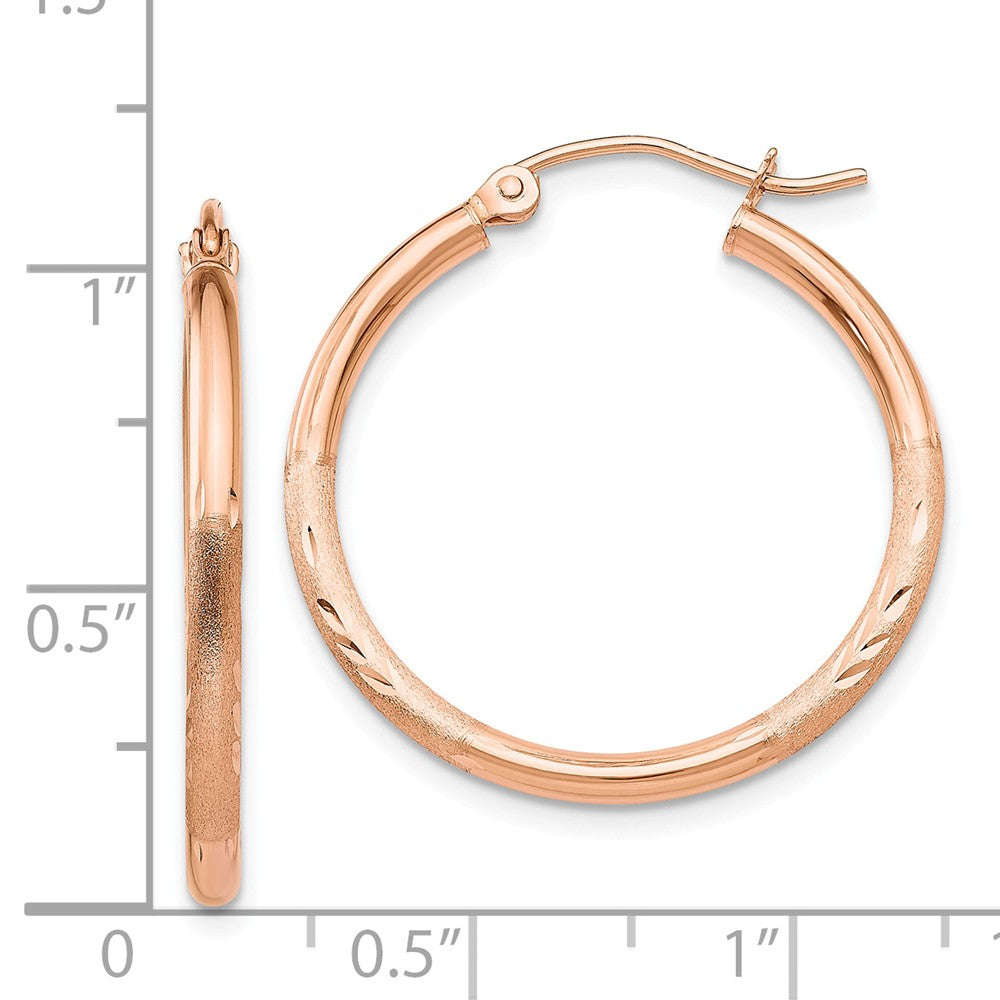 Alternate view of the 2mm x 25mm 14k Rose Gold Satin &amp; Diamond-Cut Round Hoop Earrings by The Black Bow Jewelry Co.