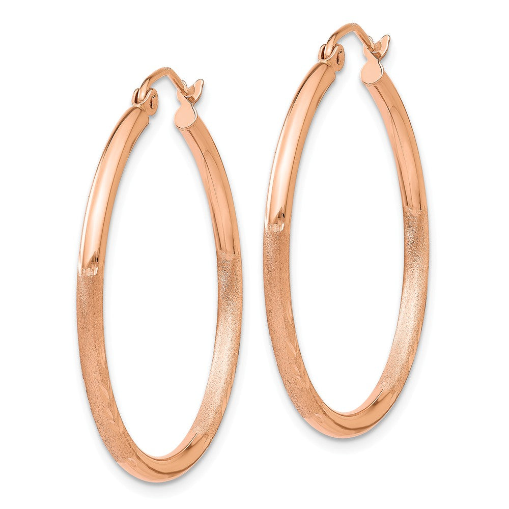 Alternate view of the 2mm x 30mm 14k Rose Gold Satin &amp; Diamond-Cut Round Hoop Earrings by The Black Bow Jewelry Co.
