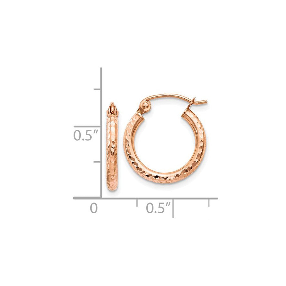 Alternate view of the 2mm x 15mm 14k Rose Gold Diamond-Cut Round Hoop Earrings by The Black Bow Jewelry Co.