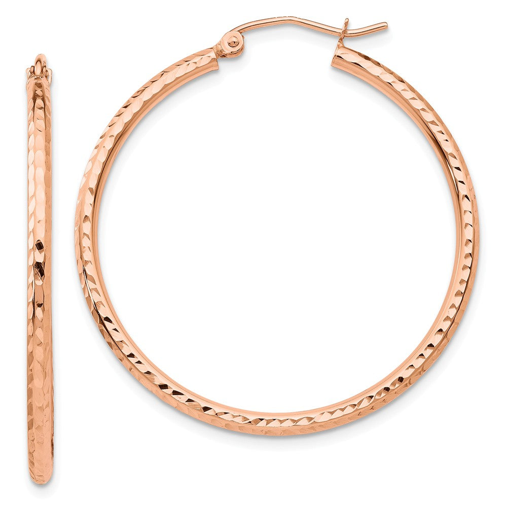 2mm x 35mm 14k Rose Gold Diamond-Cut Round Hoop Earrings, Item E13378 by The Black Bow Jewelry Co.