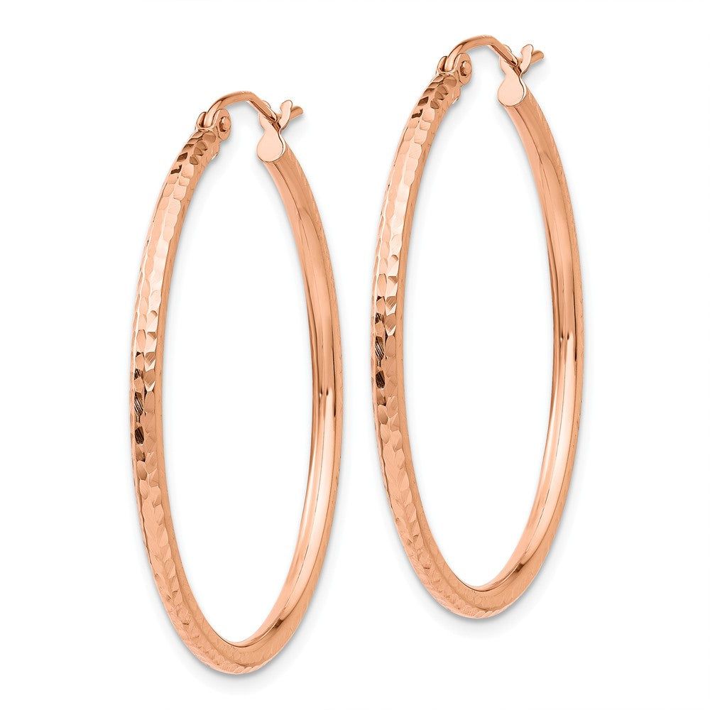 Alternate view of the 2mm x 35mm 14k Rose Gold Diamond-Cut Round Hoop Earrings by The Black Bow Jewelry Co.