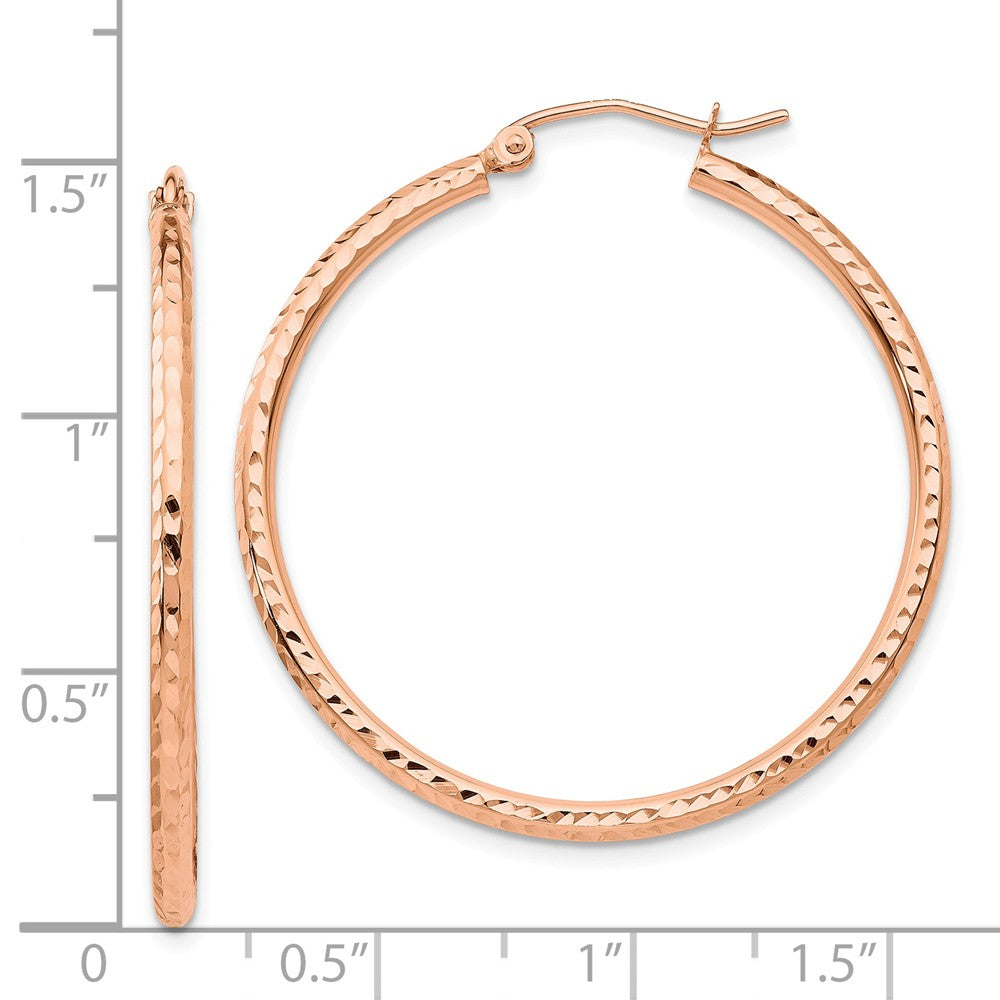 Alternate view of the 2mm x 35mm 14k Rose Gold Diamond-Cut Round Hoop Earrings by The Black Bow Jewelry Co.