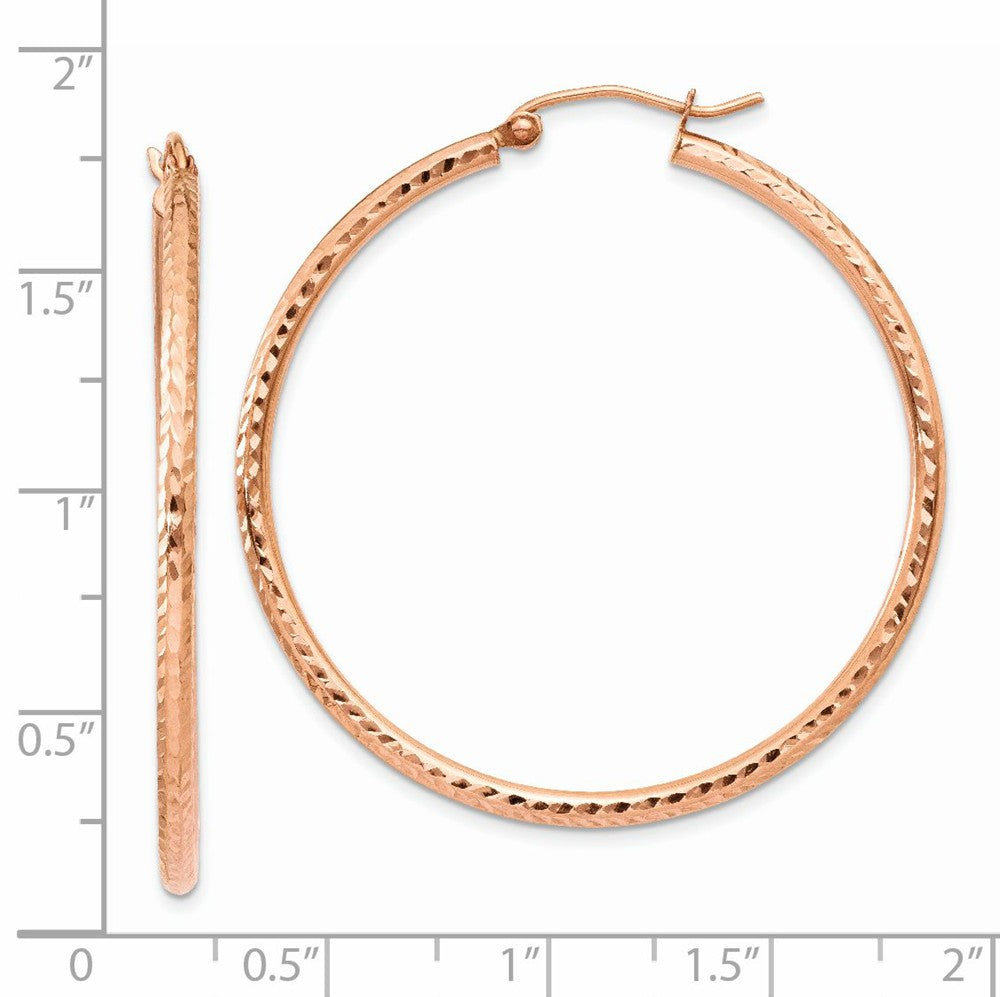 Alternate view of the 2mm x 40mm 14k Rose Gold Diamond-Cut Round Hoop Earrings by The Black Bow Jewelry Co.