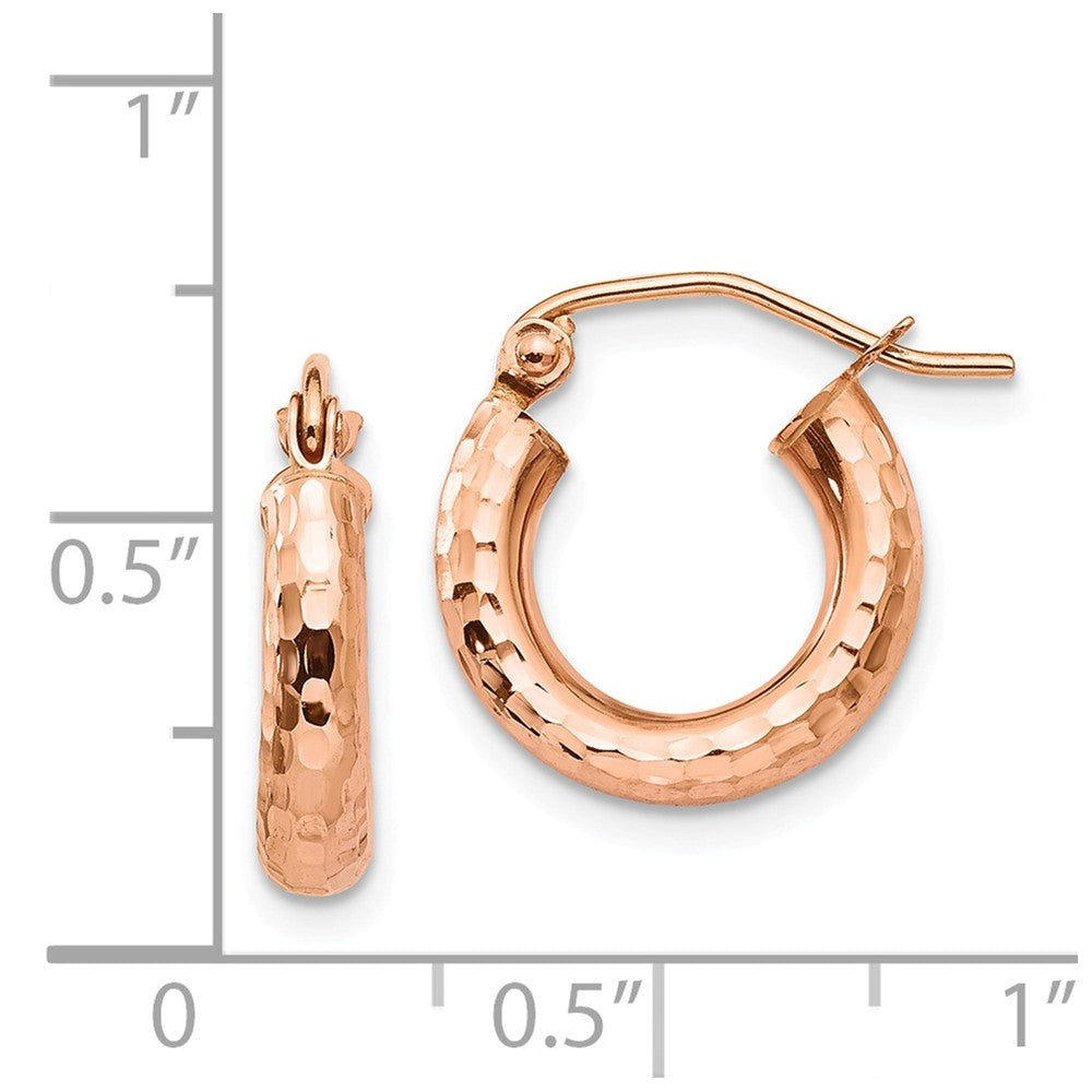 Alternate view of the 3mm x 14mm 14k Rose Gold Small Diamond-Cut Round Hoop Earrings by The Black Bow Jewelry Co.