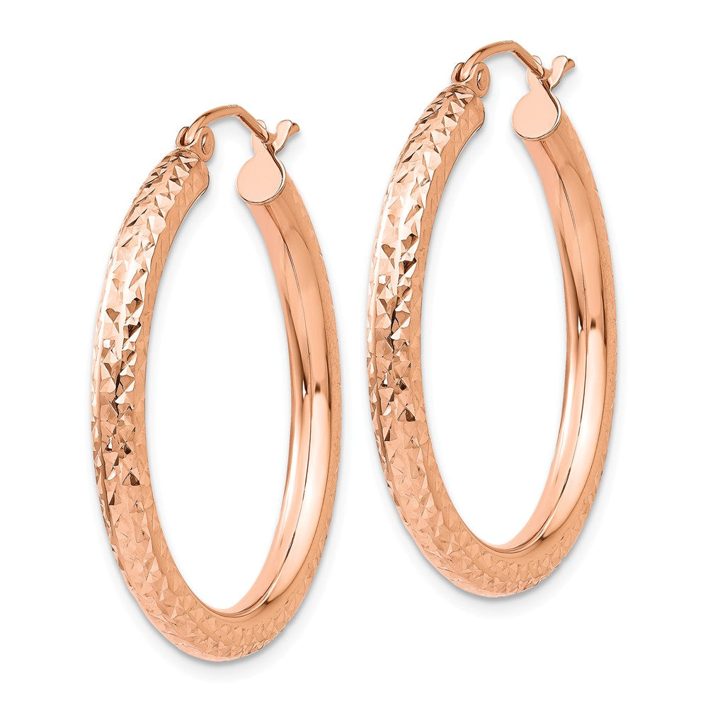 Alternate view of the 3mm x 30mm 14k Rose Gold Large Diamond-Cut Round Hoop Earrings by The Black Bow Jewelry Co.