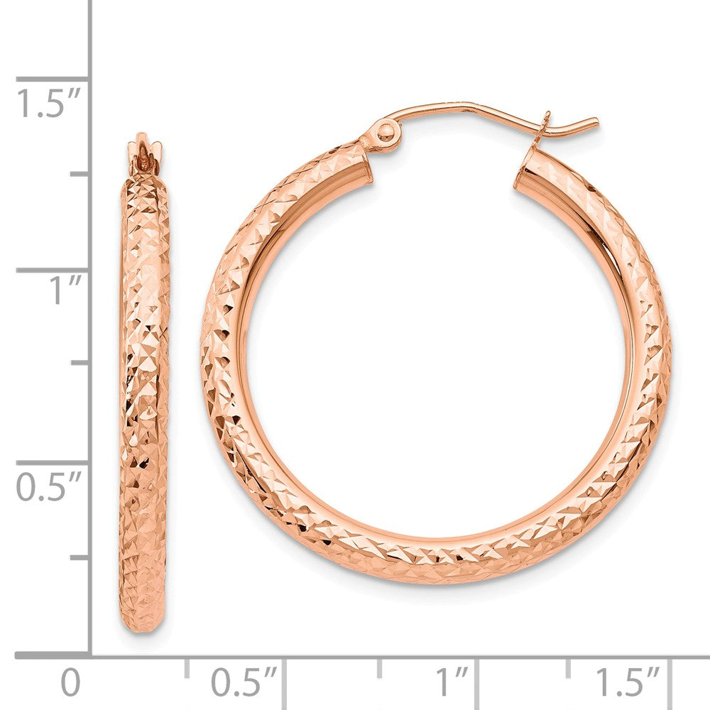 Alternate view of the 3mm x 30mm 14k Rose Gold Large Diamond-Cut Round Hoop Earrings by The Black Bow Jewelry Co.