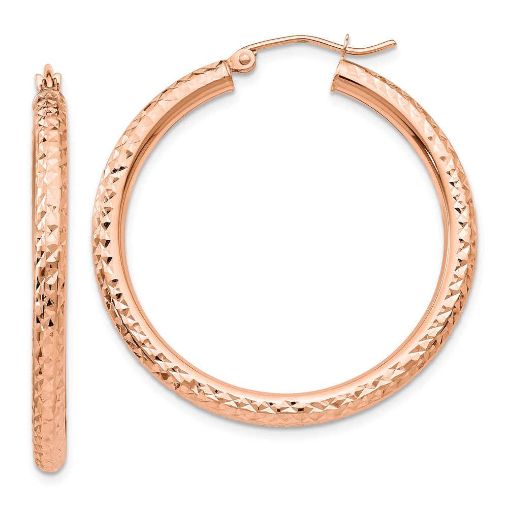 3mm x 35mm 14k Rose Gold Large Diamond-Cut Round Hoop Earrings, Item E13383 by The Black Bow Jewelry Co.