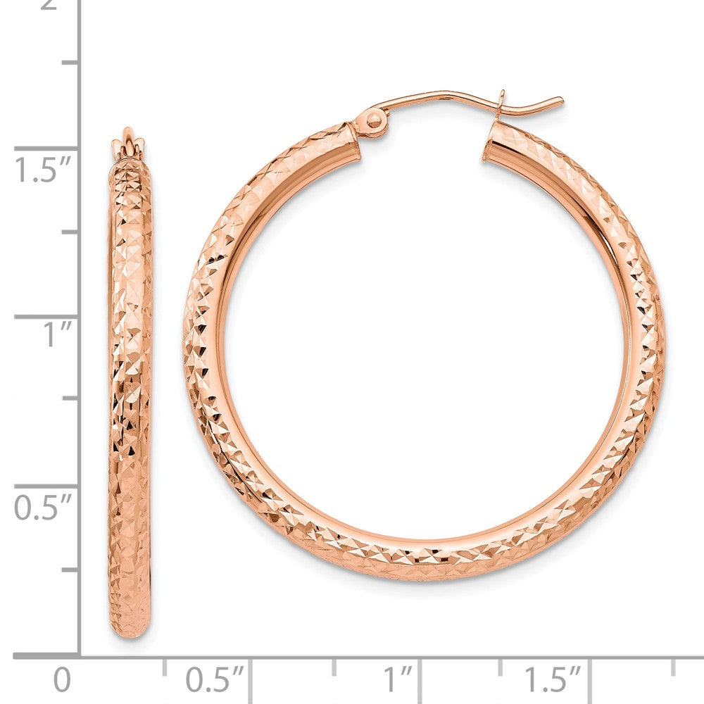 Alternate view of the 3mm x 35mm 14k Rose Gold Large Diamond-Cut Round Hoop Earrings by The Black Bow Jewelry Co.