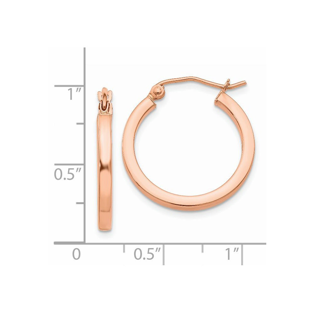 Alternate view of the 2mm x 20mm Polished 14k Rose Gold Square Tube Round Hoop Earrings by The Black Bow Jewelry Co.