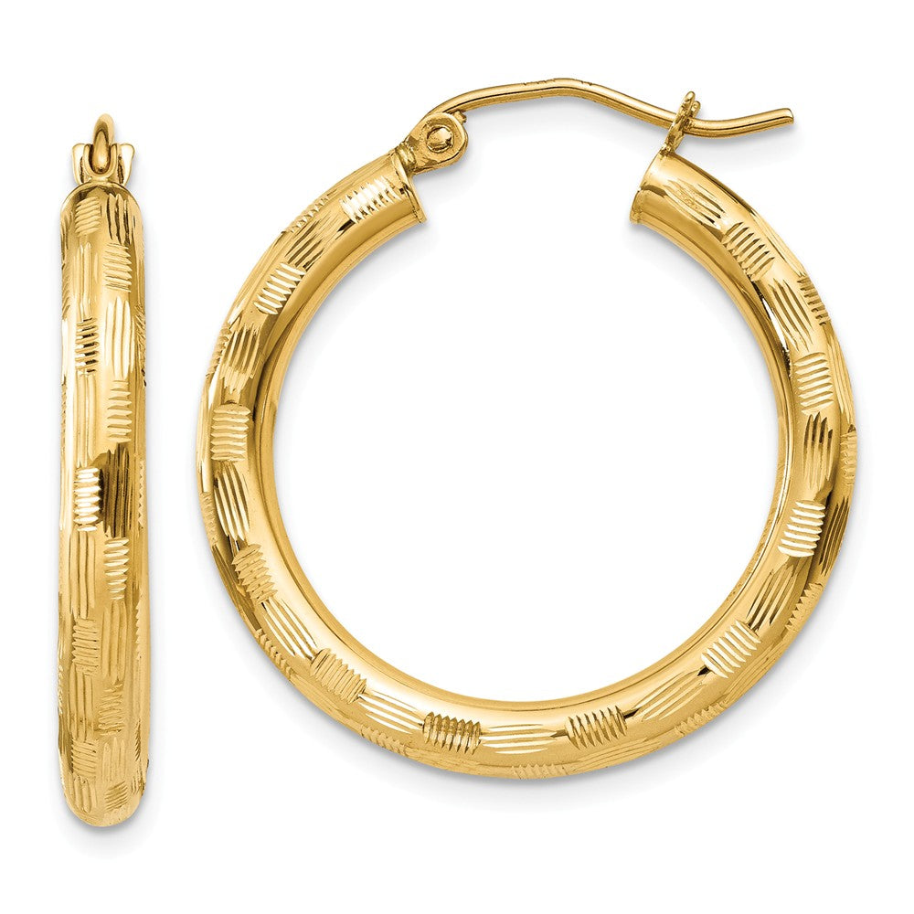3mm x 25mm 14k Yellow Gold Textured Round Hoop Earrings, Item E13397 by The Black Bow Jewelry Co.