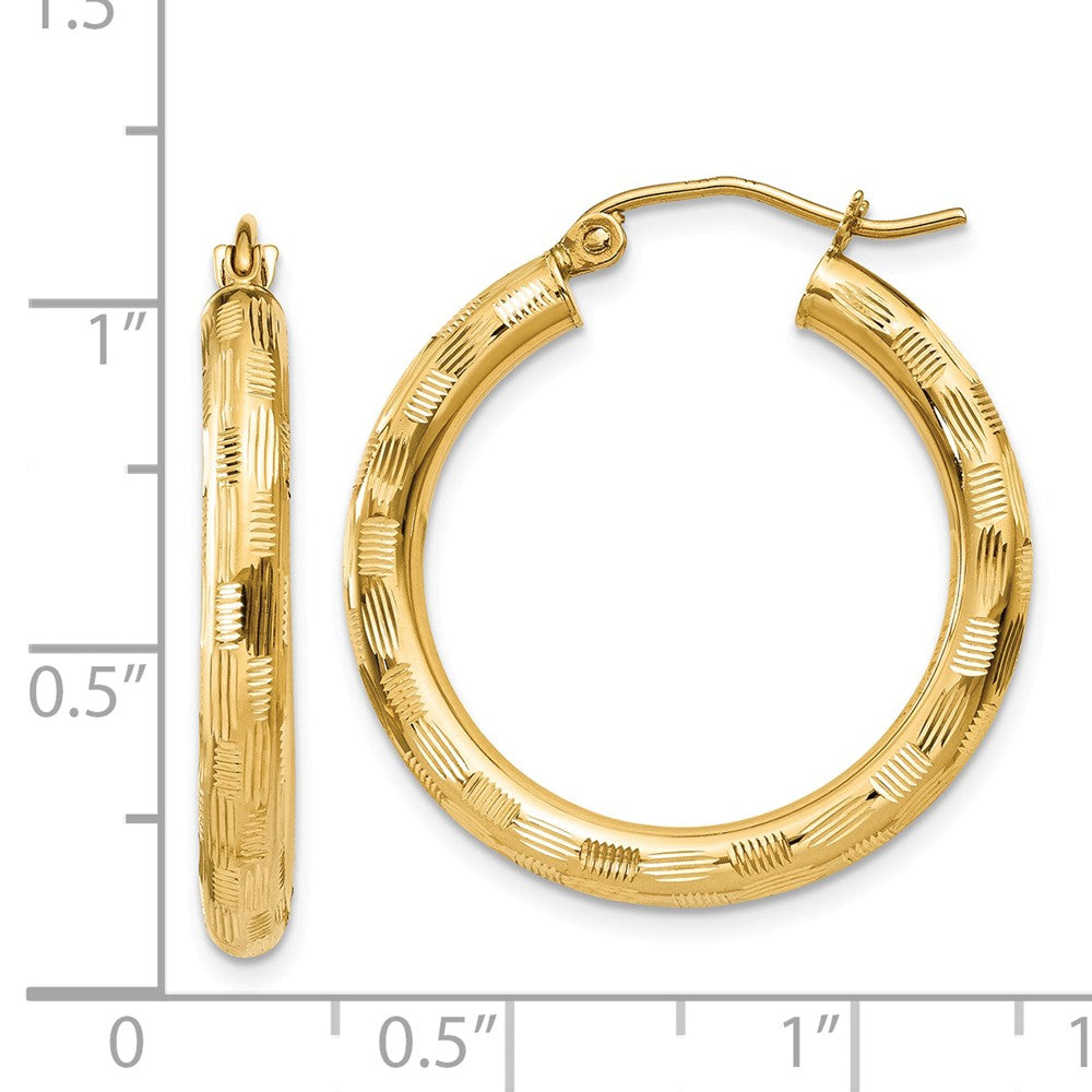 Alternate view of the 3mm x 25mm 14k Yellow Gold Textured Round Hoop Earrings by The Black Bow Jewelry Co.