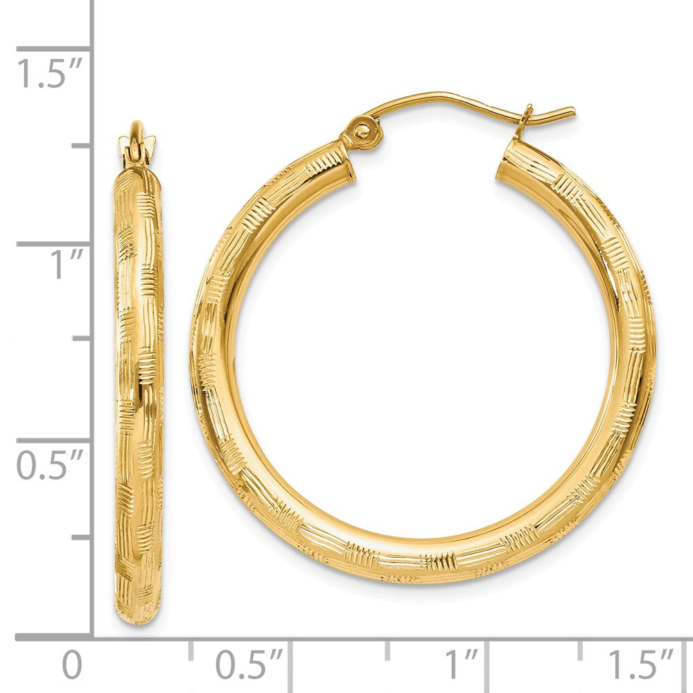 Alternate view of the 3mm x 30mm 14k Yellow Gold Textured Round Hoop Earrings by The Black Bow Jewelry Co.